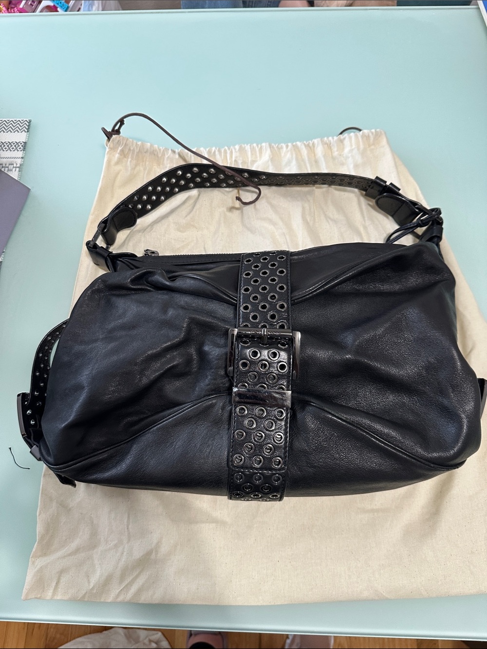 Rare 2007 Archival Michael Kors Heidi Large Black Leather Studded Moto Bag.
